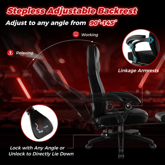 Gaming Chair Racing Style Swivel Chair with Footrest and Adjustable Lumbar Pillow-Black