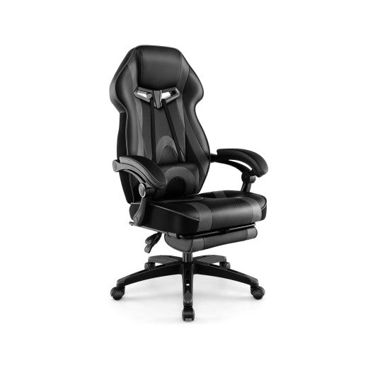 Gaming Chair Racing Style Swivel Chair with Footrest and Adjustable Lumbar Pillow-Gray