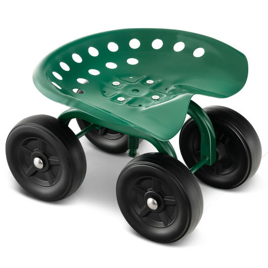 Garden Rolling Workseat with 360°Swivel Seat and Adjustable Height-Green