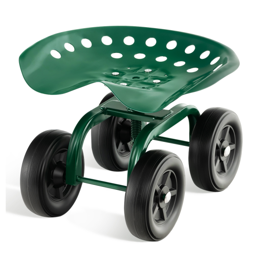 Garden Rolling Workseat with 360°Swivel Seat and Adjustable Height-Green