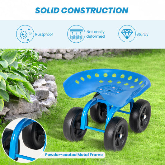 Garden Rolling Workseat with 360° Swivel Seat and Adjustable Height-Blue