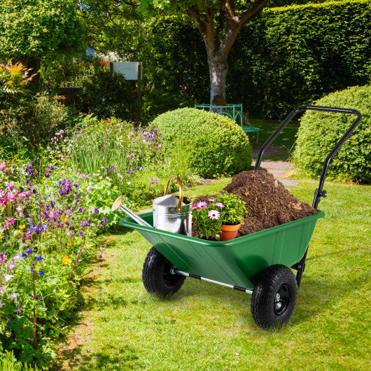 Dual-Wheel Wheelbarrow Garden Utility Cart with Pneumatic Tires-Green