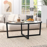 Glass Coffee Table Oval Living Room Table with Cross Base and Acacia Wood Legs-Black