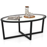 Glass Coffee Table Oval Living Room Table with Cross Base and Acacia Wood Legs-Black