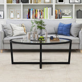 Glass Coffee Table Oval Living Room Table with Cross Base and Acacia Wood Legs-Black
