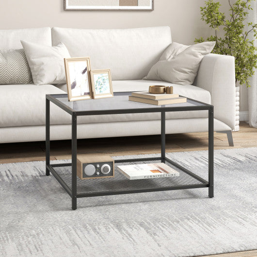 Modern 2-Tier Square Glass Coffee Table with Mesh Shelf-Gray