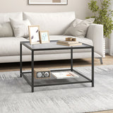 Modern 2-Tier Square Glass Coffee Table with Mesh Shelf-Gray