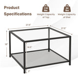 Modern 2-Tier Square Glass Coffee Table with Mesh Shelf-Transparent