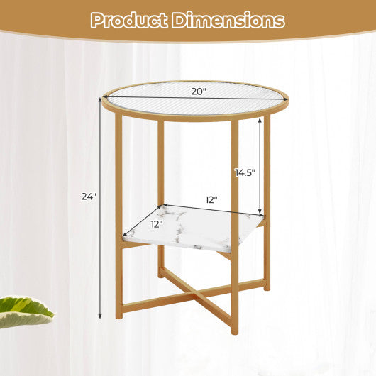 2-Tier Glass End Table Set of 2 with Faux Marble Storage Shelf-White