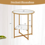 2-Tier Glass End Table Set of 2 with Faux Marble Storage Shelf-White