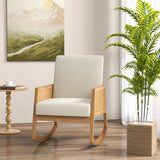Rocking Chair with Rattan Armrests and Upholstered Cushion-Beige