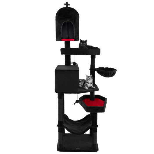 Gothic Cat Tree with 2 Cat Condos and Coffin Bed for Indoor Cats-Black