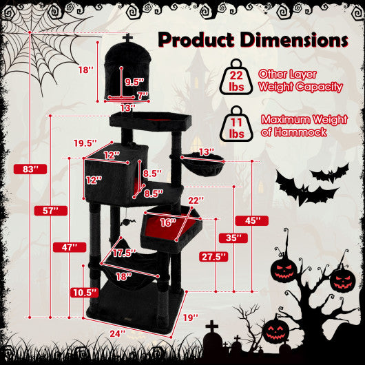 Gothic Cat Tree with 2 Cat Condos and Coffin Bed for Indoor Cats-Black