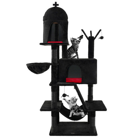 Gothic Cat Tree with 2 Cat Condos and Spooky Dangling Ball for Indoor Cats-Black