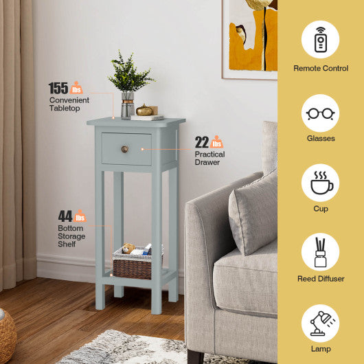 2 Tier Slim Nightstand Bedside Table with Drawer Shelf-Gray