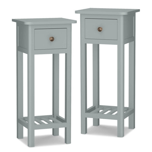 2 Tier Slim Nightstand Bedside Table with Drawer Shelf-Gray