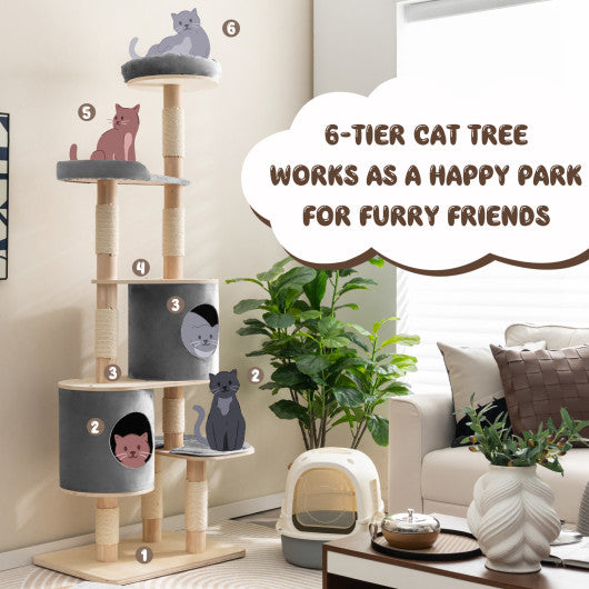 6-Tier Wooden Cat Tree with 2 Removeable Condos Platforms and Perch-Gray