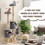 6-Tier Wooden Cat Tree with 2 Removeable Condos Platforms and Perch-Gray