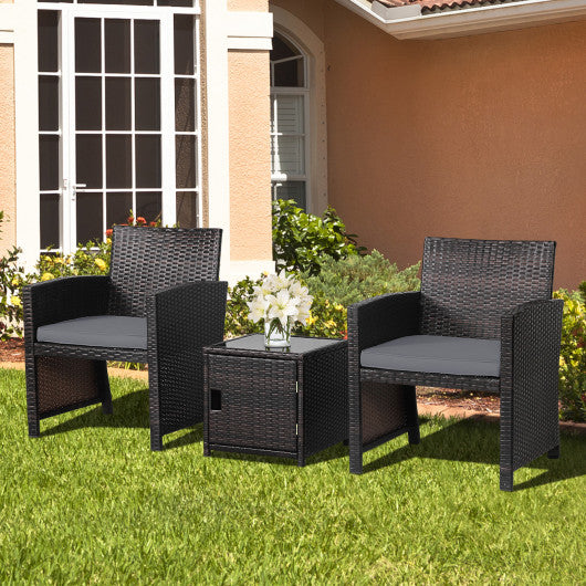 3 Pieces Patio Wicker Furniture Set with Storage Table and Protective Cover-Gray