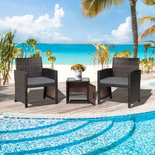 3 Pieces Patio Wicker Furniture Set with Storage Table and Protective Cover-Gray