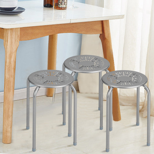6-Pack Stackable Multifunctional Daisy Design Backless Round Metal Stool Set-Grey
