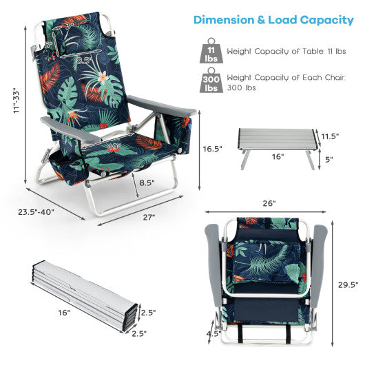 2 Packs 5-Position Outdoor Folding Backpack Beach Table Chair Reclining Chair Set-Green