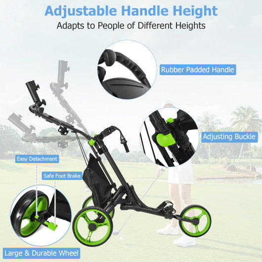Folding 3 Wheels Golf Push Cart with Bag Scoreboard Adjustable Handle-Green
