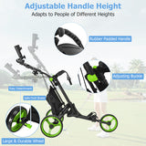 Folding 3 Wheels Golf Push Cart with Bag Scoreboard Adjustable Handle-Green