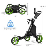 Folding 3 Wheels Golf Push Cart with Bag Scoreboard Adjustable Handle-Green