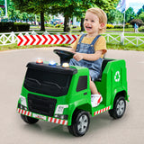 12V Kids Ride-on  Garbage Truck with Warning Lights and 6 Recycling Accessories-Green