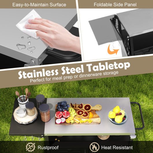Outdoor Grill Cart with Storage and Folding Stainless Steel Top-Black