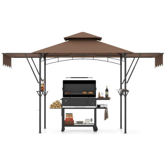 13 x 5 Feet Grill Gazebo with Dual Side Awnings and 2 Shelves Adjustable Shadow-Coffee