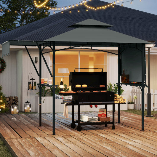 13 x 5 Feet Grill Gazebo with Dual Side Awnings and 2 Shelves Adjustable Shadow-Gray