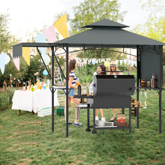 13 x 5 Feet Grill Gazebo with Dual Side Awnings and 2 Shelves Adjustable Shadow-Gray