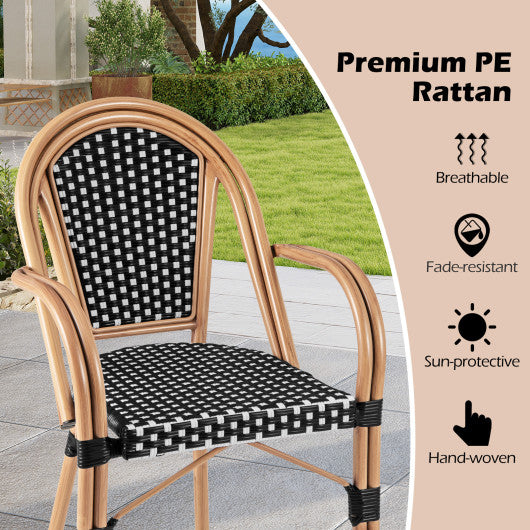 Hand-Woven PE Wicker Outdoor French Bistro Chairs Set of 2-Black