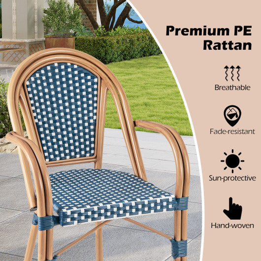 Hand-Woven PE Wicker Outdoor French Bistro Chairs Set of 2-Blue