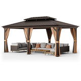 12' x 20' Double-Roof Hardtop Gazebo with Galvanized Steel Roof-Coffee