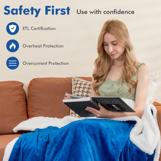 Heated Electric Blanket Throw with 10 Heat Levels-Blue