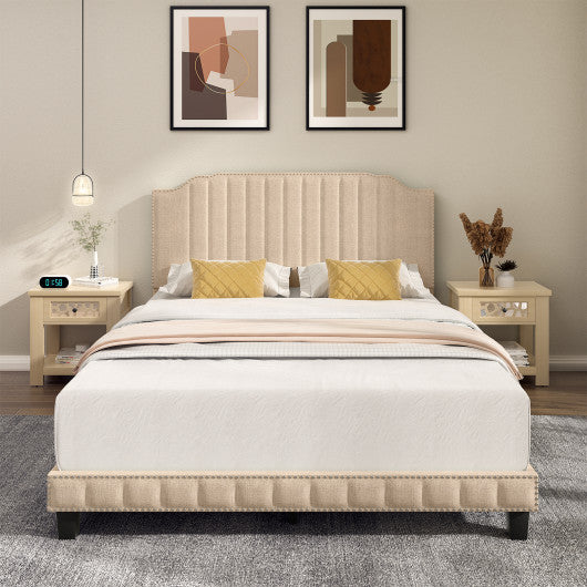 Heavy Duty Upholstered Bed Frame with Rivet Headboard-Queen Size
