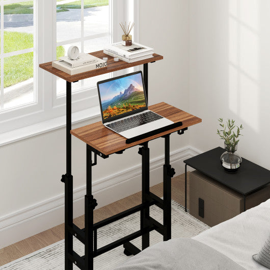 Height-adjustable Mobile Standing Desk with Split Top and Adjustable Angle-Walnut