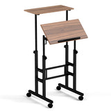 Height-adjustable Mobile Standing Desk with Split Top and Adjustable Angle-Walnut