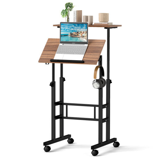 Height-adjustable Mobile Standing Desk with Split Top and Adjustable Angle-Walnut