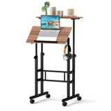 Height-adjustable Mobile Standing Desk with Split Top and Adjustable Angle-Walnut