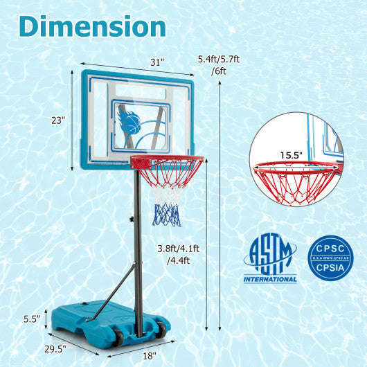 3.8-4.4 Feet Height Adjustable Pool Basketball Hoop for Kids Teens and Adults-Blue