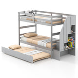 Home Wood Bunk Bed with Guard Rail and 4-step Storage Stairs No Box Spring Needed-Gray