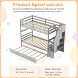 Home Wood Bunk Bed with Guard Rail and 4-step Storage Stairs No Box Spring Needed-Gray