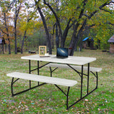 Indoor and Outdoor Folding Picnic Table Bench Set with Wood-like Texture-White