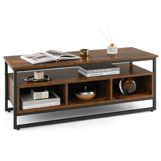 3-Tier Industrial Style Coffee Table with Open Shelf and 3 Storage Cubbies-Rustic Brown