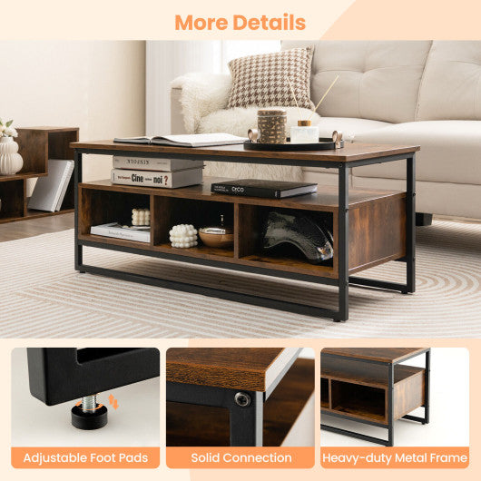 3-Tier Industrial Style Coffee Table with Open Shelf and 3 Storage Cubbies-Rustic Brown
