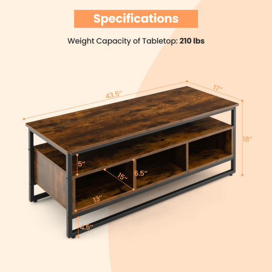 3-Tier Industrial Style Coffee Table with Open Shelf and 3 Storage Cubbies-Rustic Brown